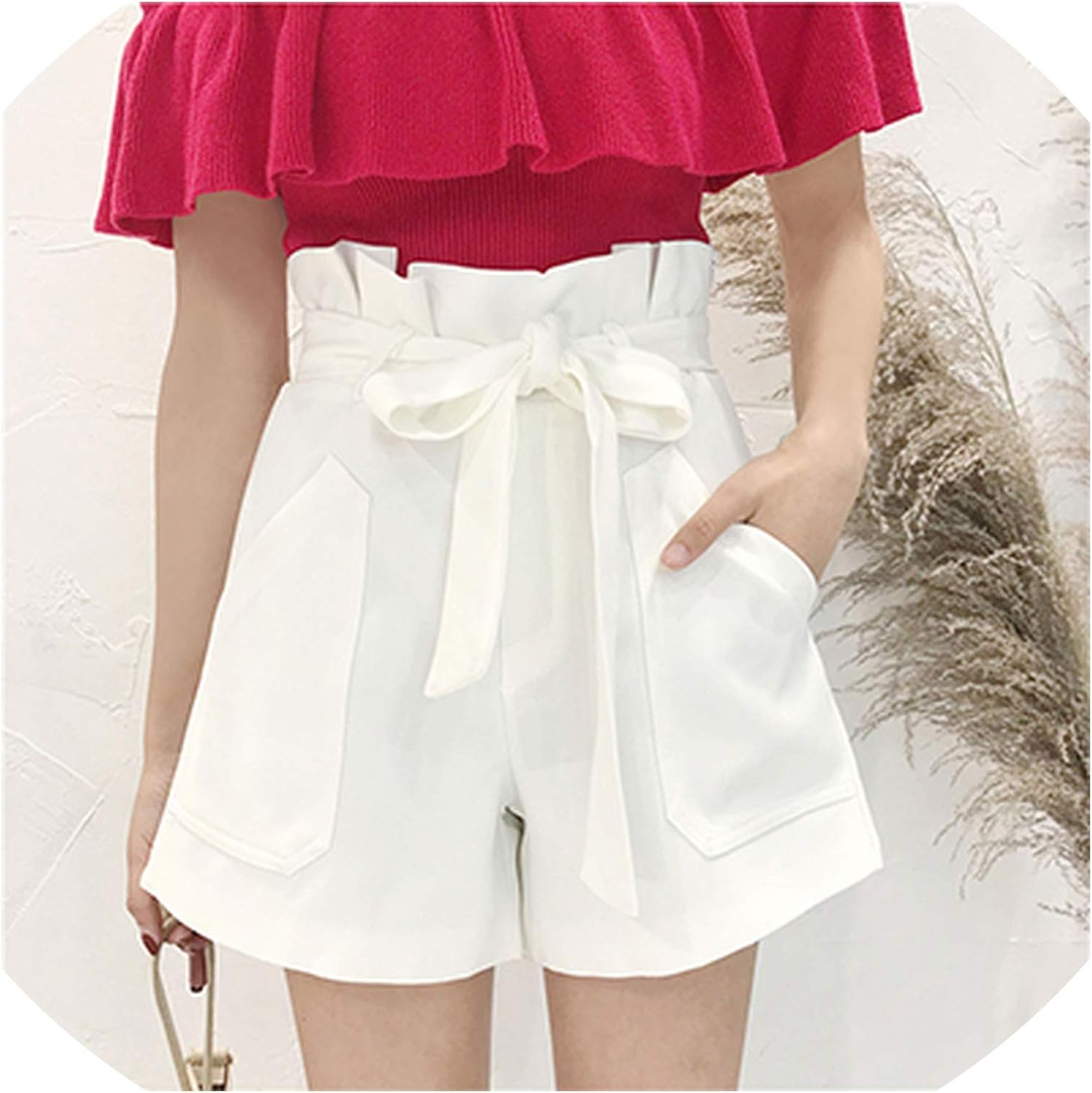 white high waisted belted shorts