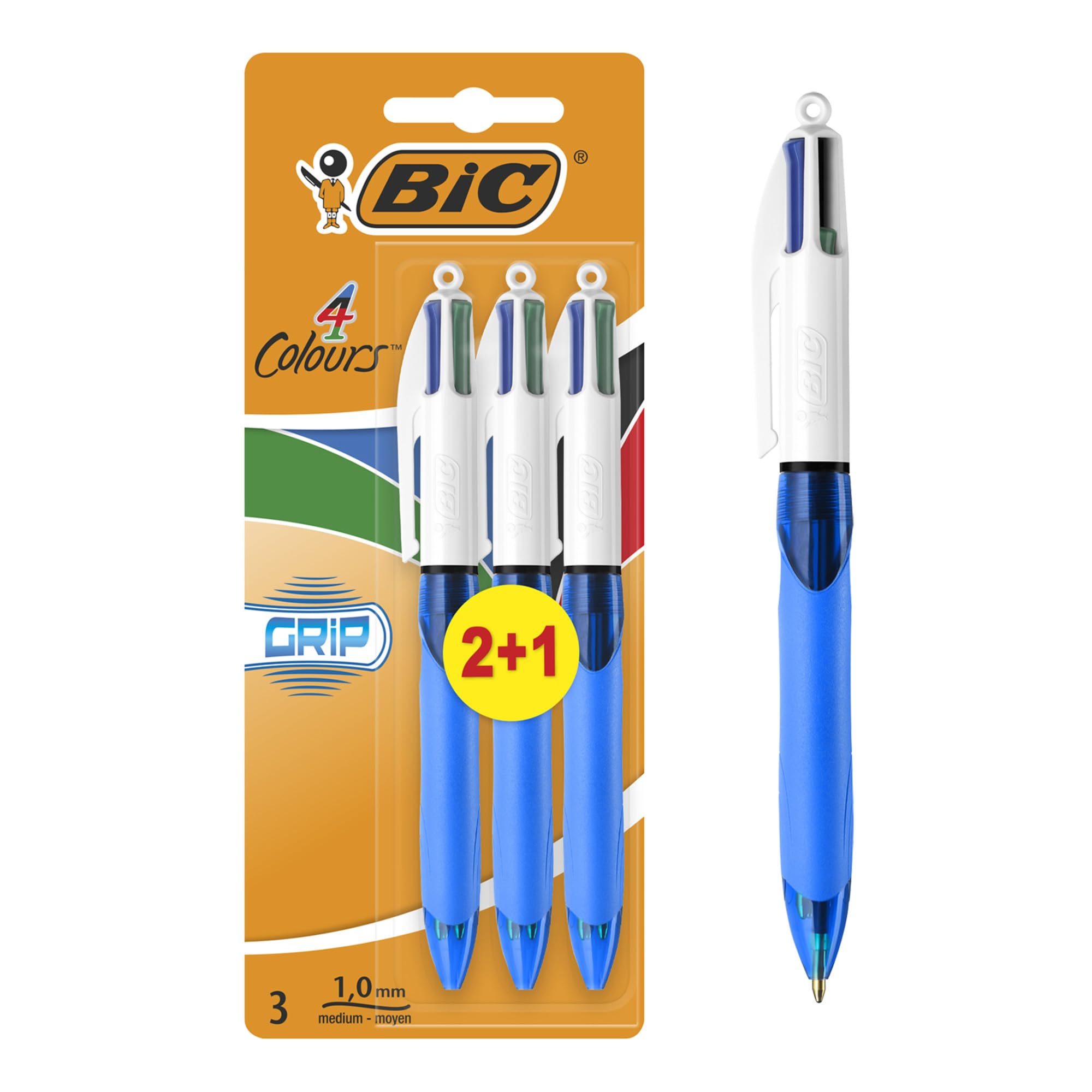 BIC 4 Colours Retractable Ballpoint Pens, Medium Point (1.0 mm) Every-Day Writing Pens with Extra Comfort Grip, Blue, Pack Of 3