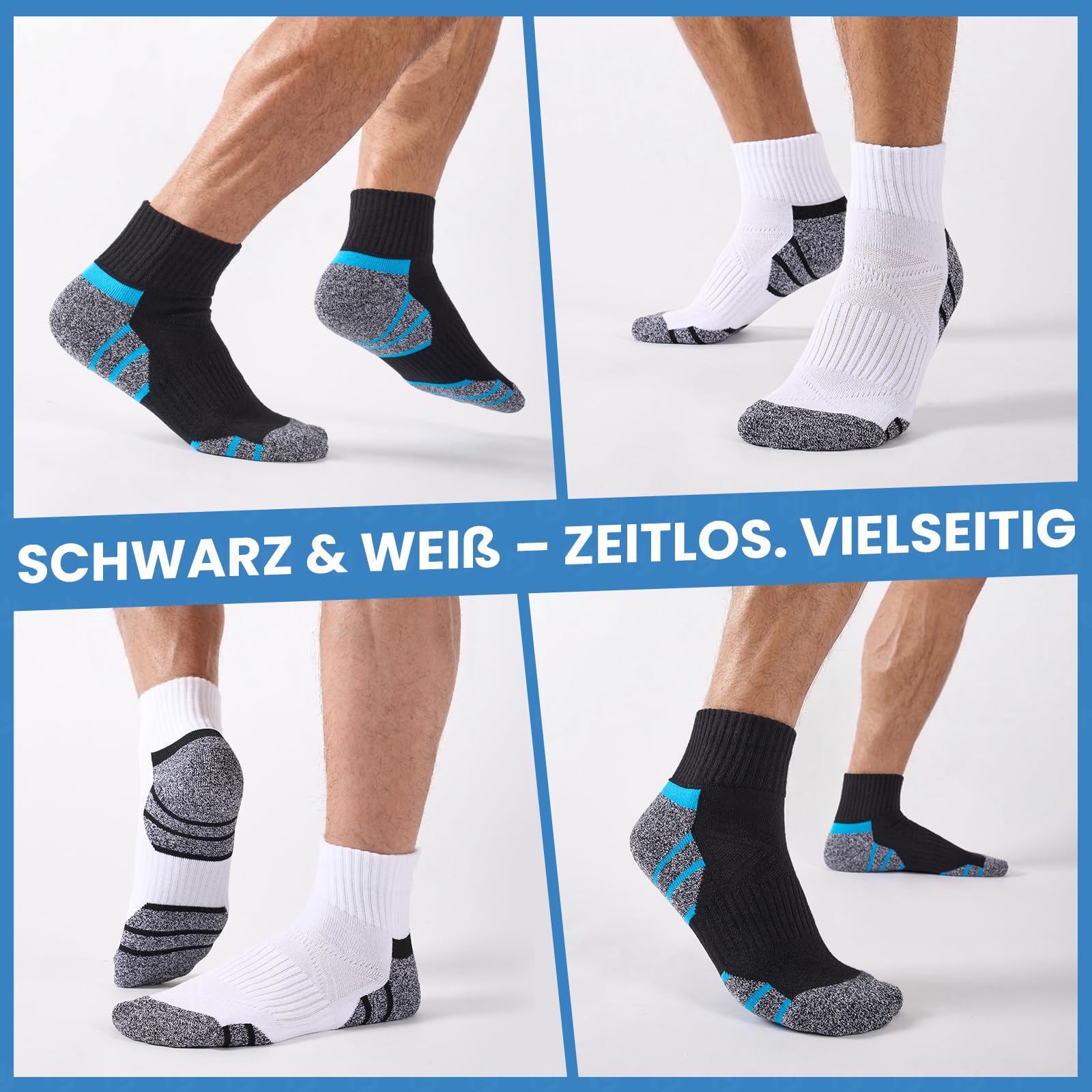 Stoeury Sneaker Socken Herren, Quarter Socken mit Frotteesohle, Atmungsaktive Sportsocken aus Baumwolle mit Nahtlose Zehen, Tennissocken für Laufen Wandern, 6 Paar, Schwarz, 43-46 2
