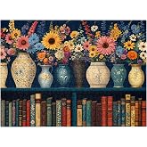 Vintage 500 Piece Jigsaw Puzzle for Adults | Wildflower &amp; Bookshelf, Floral Vase Art, Library Scene, Home Wall Decor