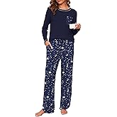 Namatime Cotton Pajamas for Women Set 2 Piece Lounge Sets Print Plaid Long Sleeve Soft Pj Set Winter Loungewear Sleepwear with Pockets Pajamas Navy Stars M