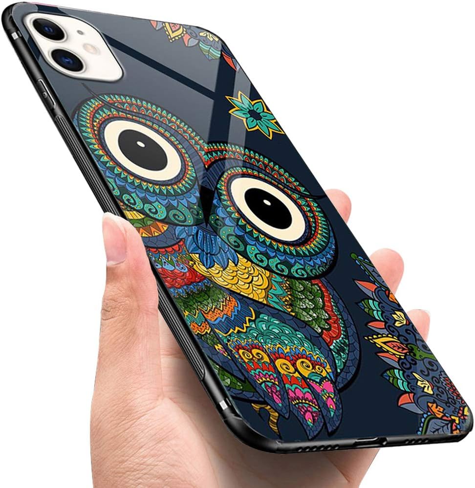 LANYOS Compatible iPhone 11 Case, Ultra-Thin Tempered Glass Pattern Painted Back Cover + Soft TPU Bumper Frame (6.1 inch 2019) (Owl)