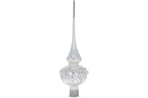 BESTPYSANKY Dimensional White Roses and Pearls on Glossy White Artisan Hand Crafted Mouth Blown Glass Christmas Tree Topper 11 Inches