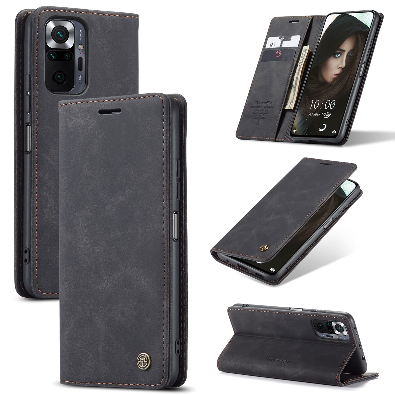 UFinetech Case for Xiaomi Redmi Note 10 Pro Slim Soft TPU Leather Magnetic Closure Stand Card Holder Wallet 2-in-1 Flip Cover Shell for Redmi Note 10 Pro Shockproof Anti-scratch Camera Protector Black