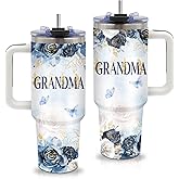 Grandma Gifts - Birthday Gifts for Grandma 40oz Tumbler with Handle and Straws, Stainless Steel Insulated Travel Mugs, Leak-Proof, Christmas Gift Floral Cup for Grandmas from Grandchildren Grandkids