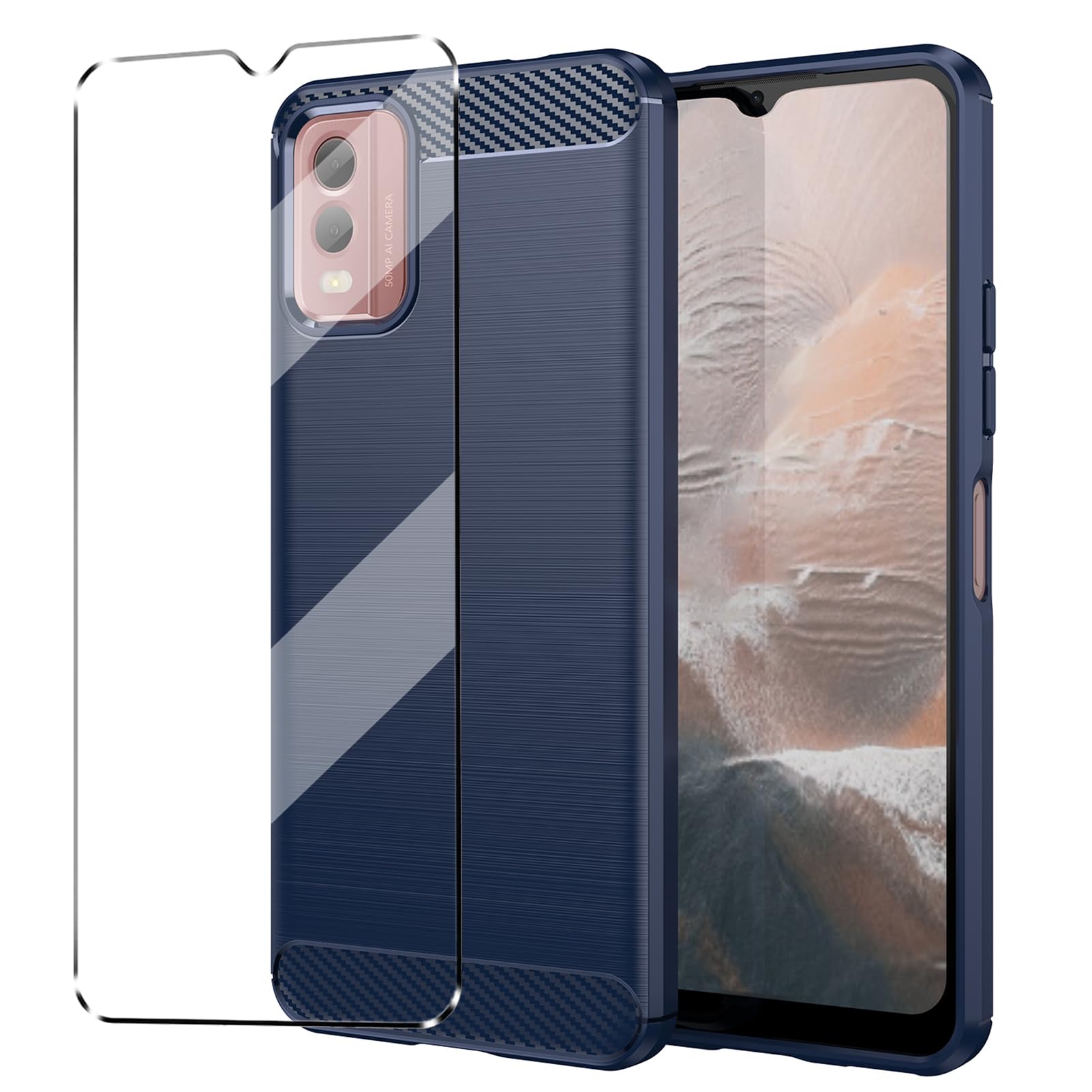Case Compatible with Nokia C32 Cover with 1 Pack Tempered Glass Screen Protector for Nokia C32, Slim Fit Soft TPU Shockproof Anti-Scratch Phone Case Cover - Navy