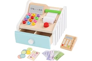 Ranqibo Pretend Play Cash Register for Kids, 39Pc STEM Toy Casher Register with Play Money, Credit Card, POS - Play Money for Toddler Ages 3+