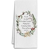 IRTAGANNY Christmas Christian Kitchen Towels, Holly Wreath Christmas Winter Dish Tea Towels for Kitchen, Isaiah 9:6 Bible Verse Religious Decorative Hand Towel for Bathroom, 16x24 Inch