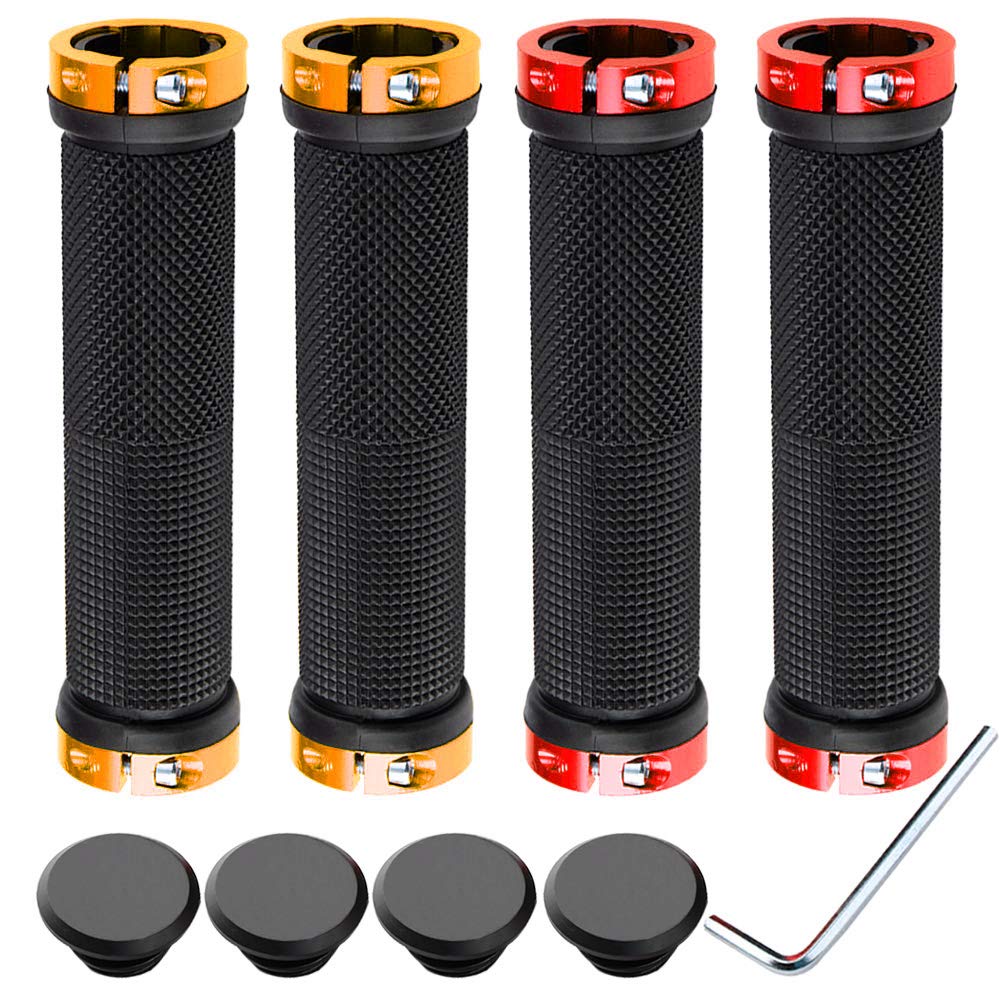 QitinDasen 2 Pairs Bike Handlebar Grips, Non-Slip Rubber Bicycle Handle Grips with Aluminum Double Lock, Bike Handle Protector for MTB BMX (Red + Golden)