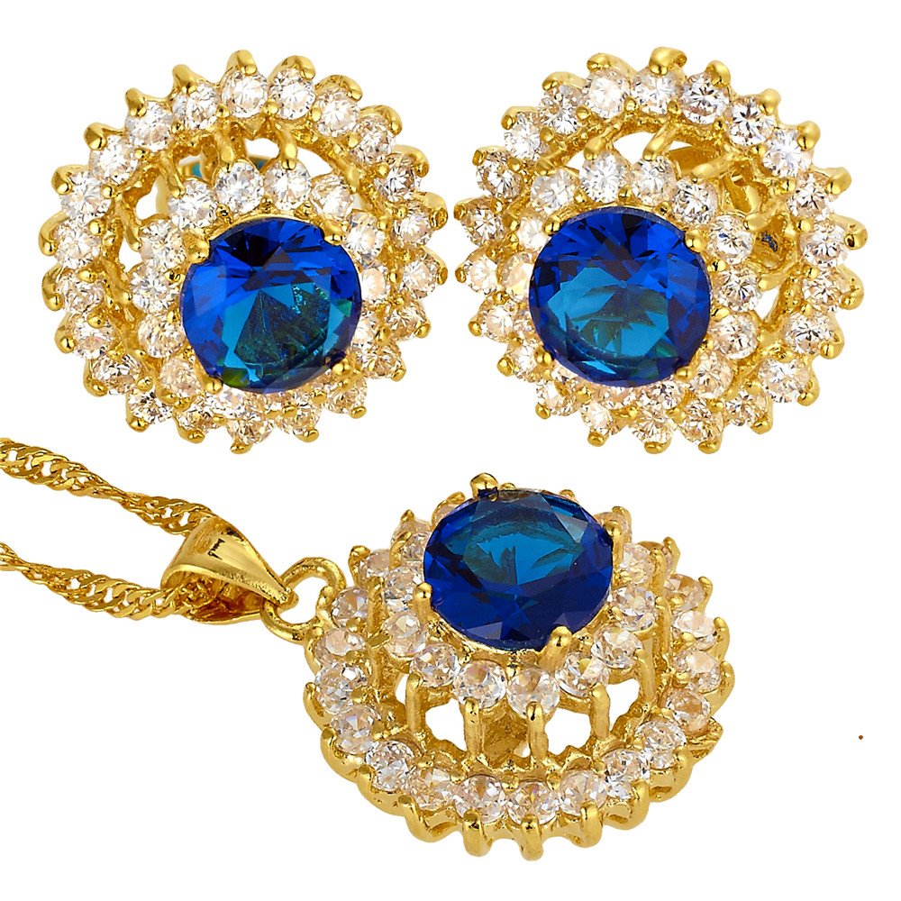 RIZILIA BLOSSOM Jewellery Set Pendant with 45cm(18") Chain & Stud Earrings Round Cut Gemstones CZ [Blue Sapphire] in 18K Yellow Gold Plated, Simple Modern Elegance