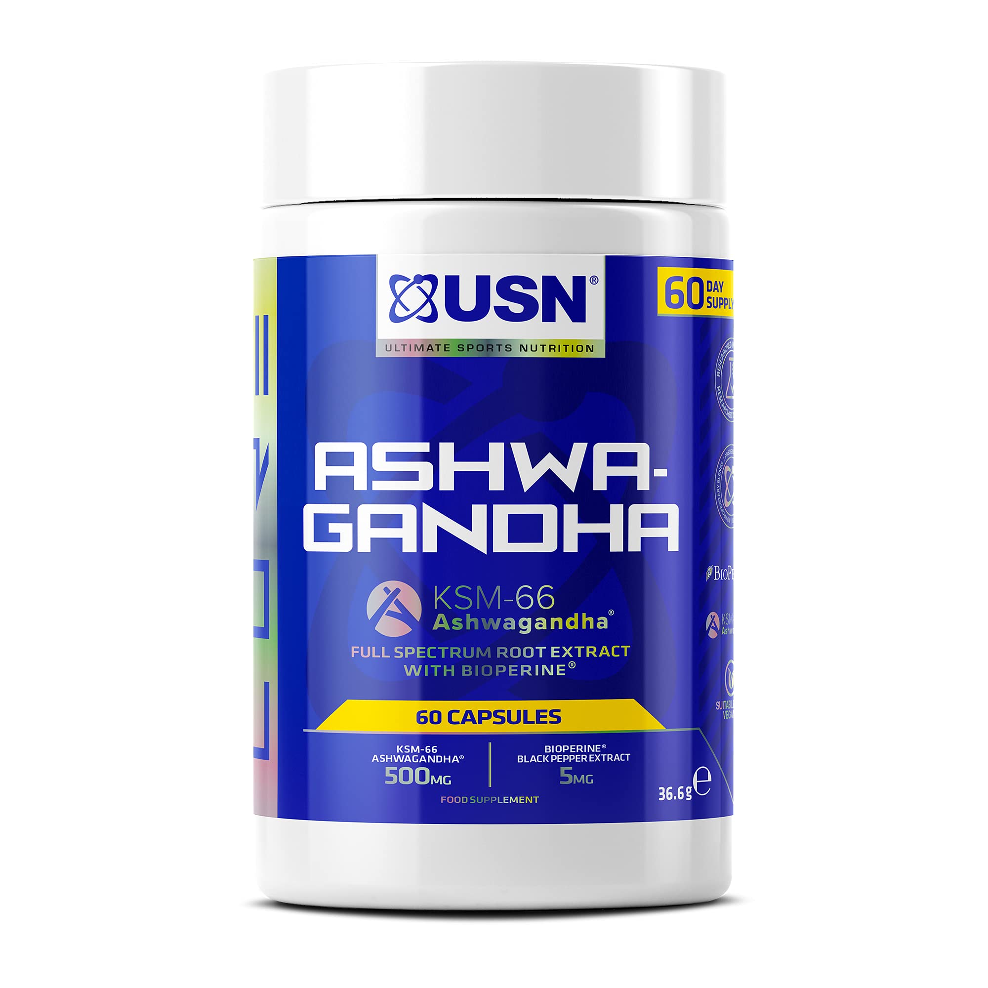 USN Ashwagandha, KSM-66 Dietary Supplement - 60 Capsules, Premium Natural Stress Relief Supplement, Added Bioperine to Aid with Absorption, Daily Dietary Supplement