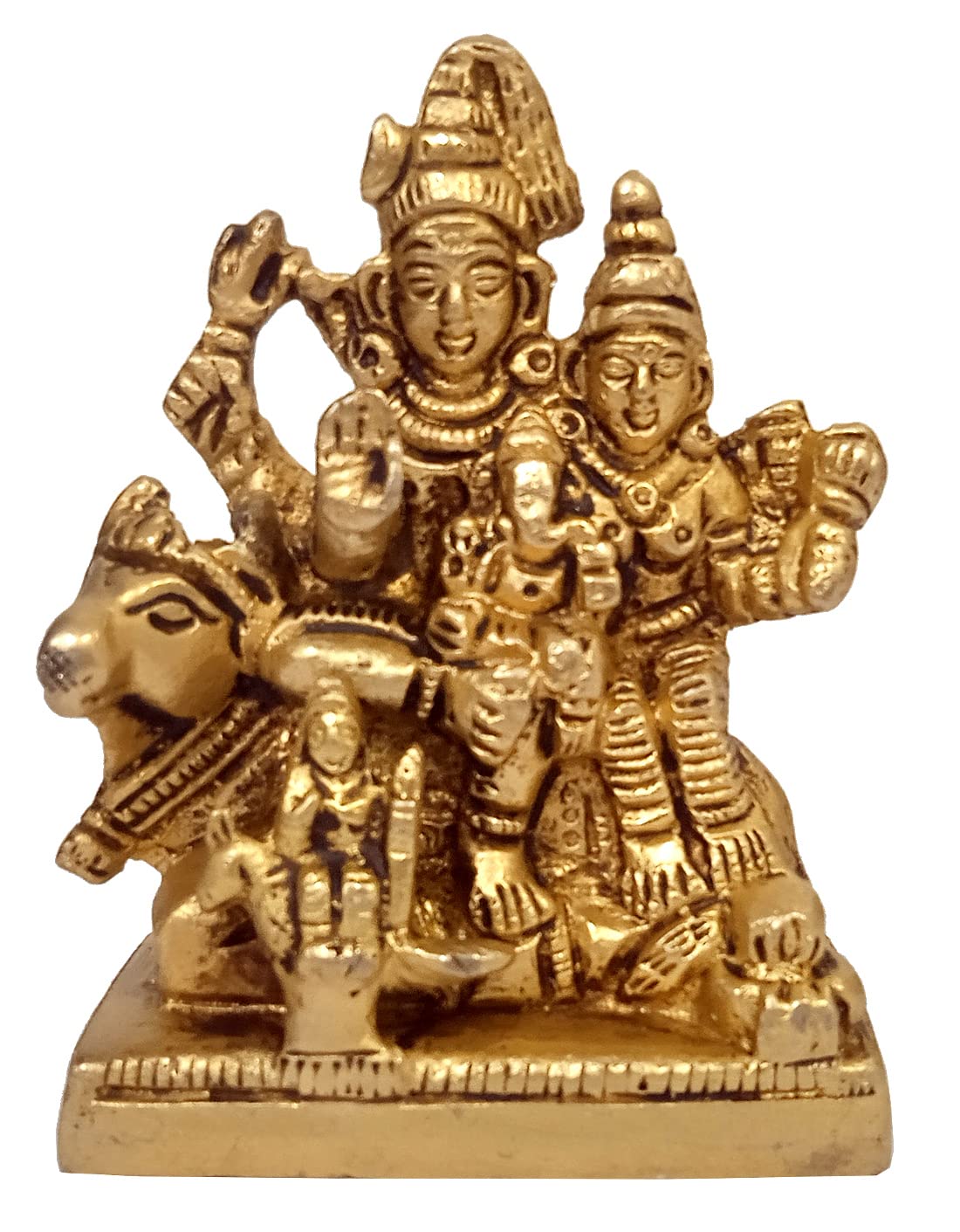 Purpledip Brass Idol Shiva With Parvati, Ganesha, Karthikeya And Nandi: Vintage Statue For Home Temple (10382A)