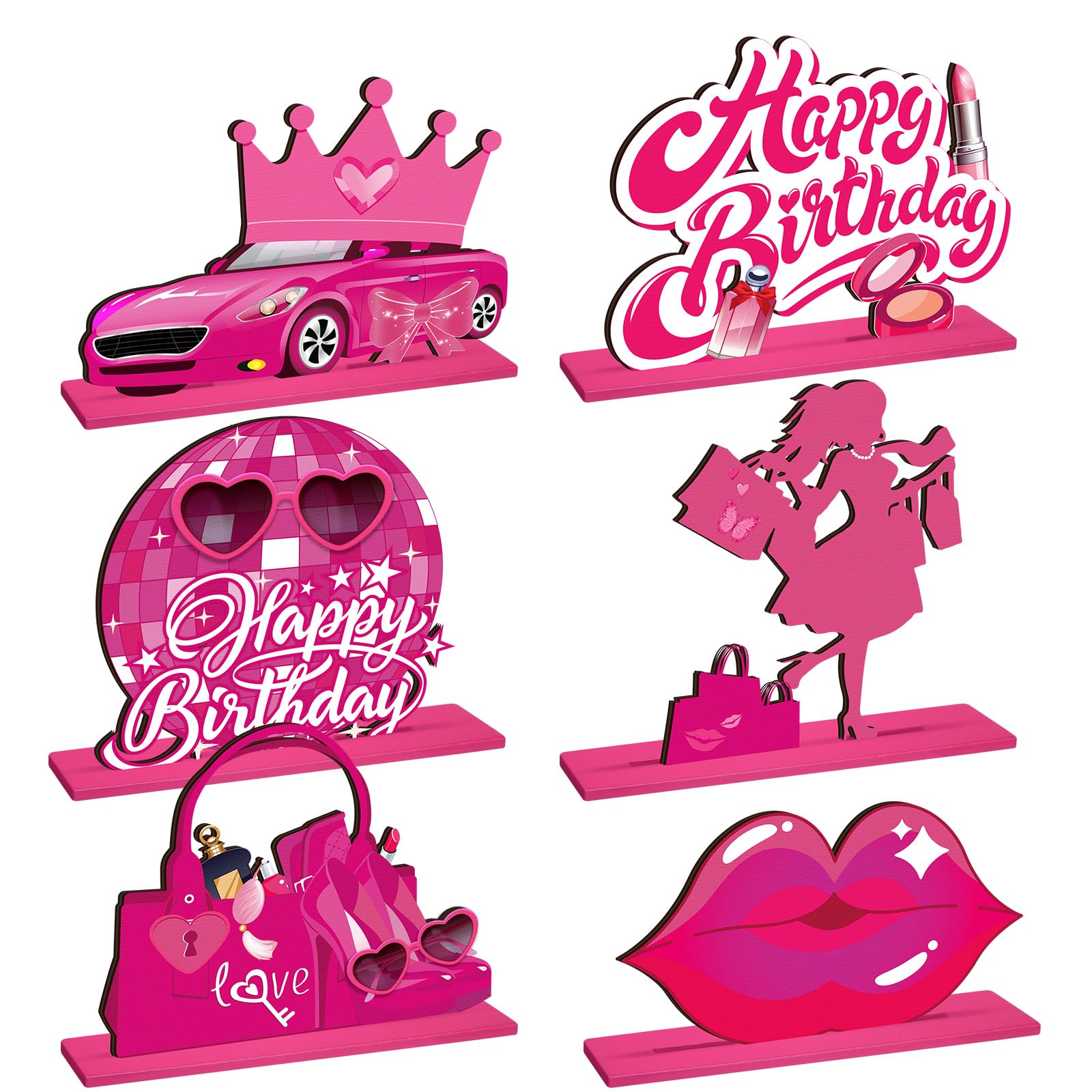 Photo 1 of DoubleFill 6 Pcs Pink Girl Birthday Decoration Happy Birthday Table Wood Sign Centerpiece Topper Decorations for Girls Room Party Photo Props Supplies, 6 Designs