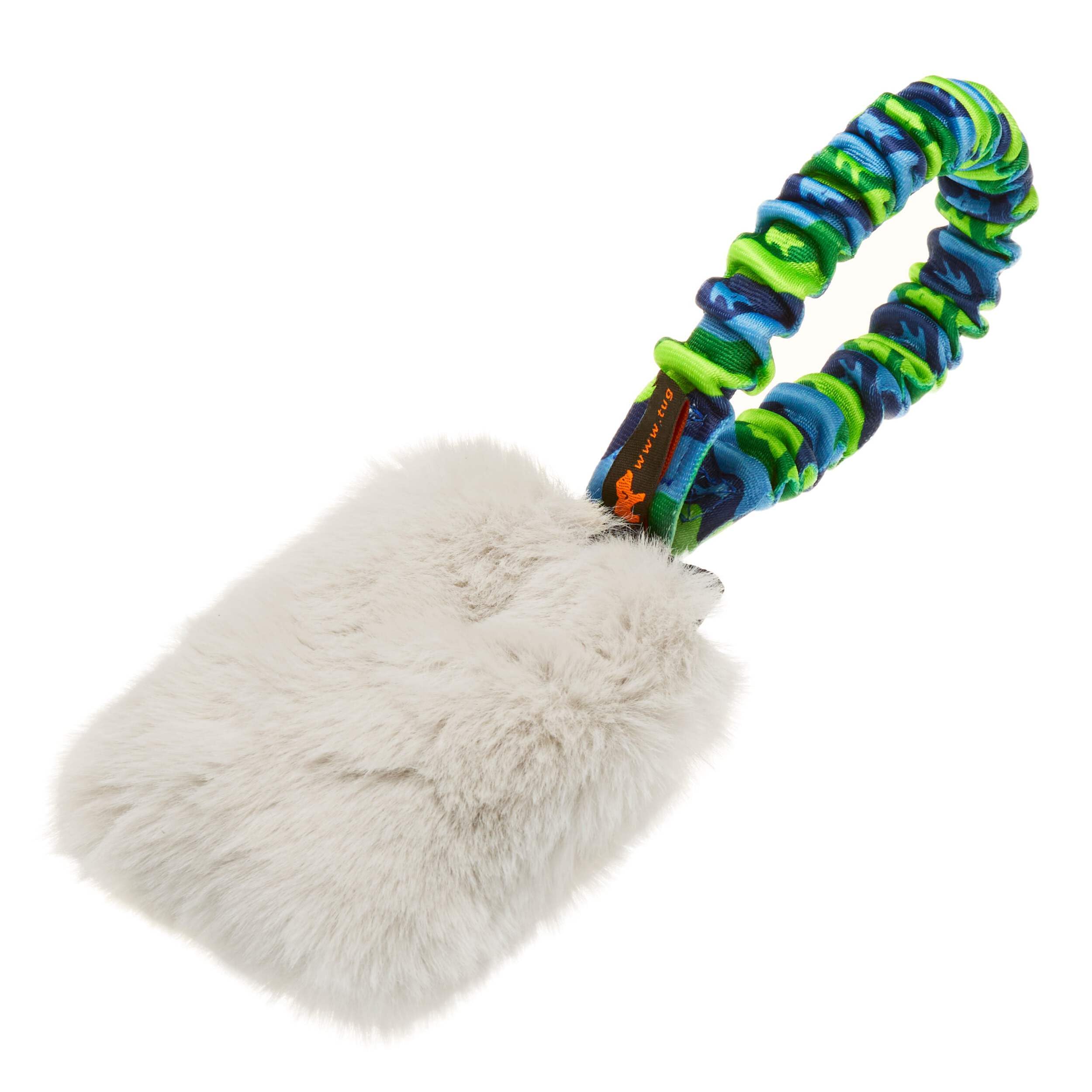 Tug-E-Nuff | Faux Fur Pocket Squeaky Tug Toy with stretchy bungee handle (Green Patterned Handle)