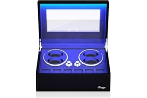 iFregga Watch Winders for Automatic Watches, 4 Mabuchi Winder+ 6 Extra Storage with Serenity Blue Backlight, Leather Shell Soft Velvet Lining Box, Open Lid Stop and 4 Modes(AC Power)