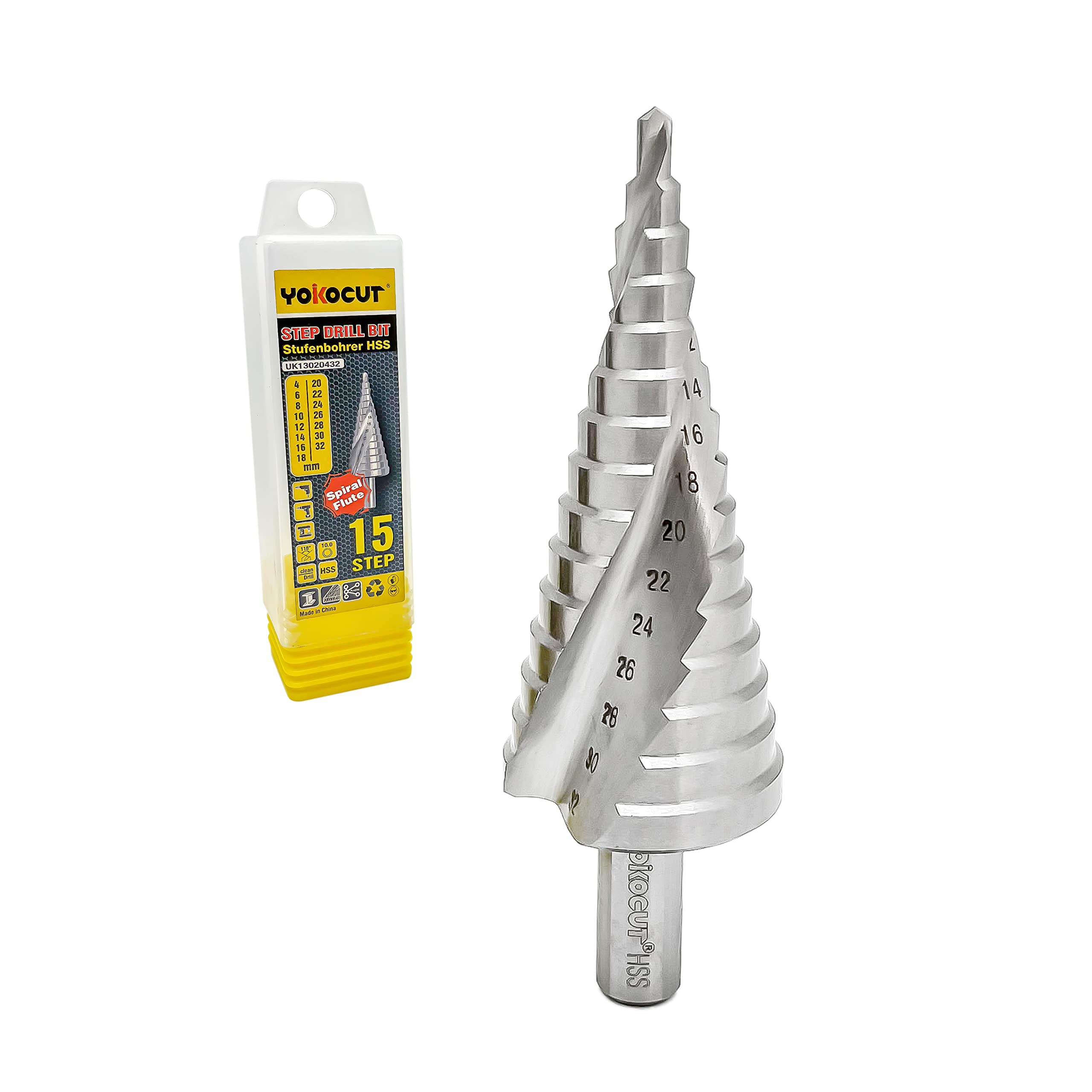 Step Drill Bit HSS M2 Fully Ground Step Drill Bit For Metal Spiral Grooved Multiple Hole Drilling Cone Drill Bit Stepped Up Bits For DIY Lovers with 10mm Tri-Flat Shank (4-32mm Step Bit -15 Steps)