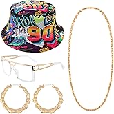 Sdfvsdg 80s 90s Hip Hop Costume Kit Rapper Accessories Outfit for Men Women Punk Gold Chain Bucket Hat Hoop Earrings