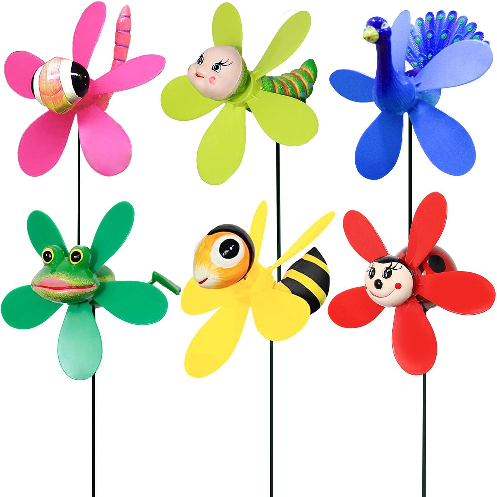 Photo 1 of Garden Pinwheels, 6 Pack Wind Spinners with Metal Stakes, Colorful Decor Pinwheels Windmills Whirligigs Kids Toys for Outdoor Indoor Garden Yard Lawn Patio Party Wedding Decorations