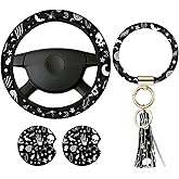 4 Pieces Black Moons White Stars Print Car Accessories Set Black Moons White Stars Steering Wheel Cover with 2 Pieces Car Cup Holder and Leather Keyring for Truck Suv(Horror Pattern)