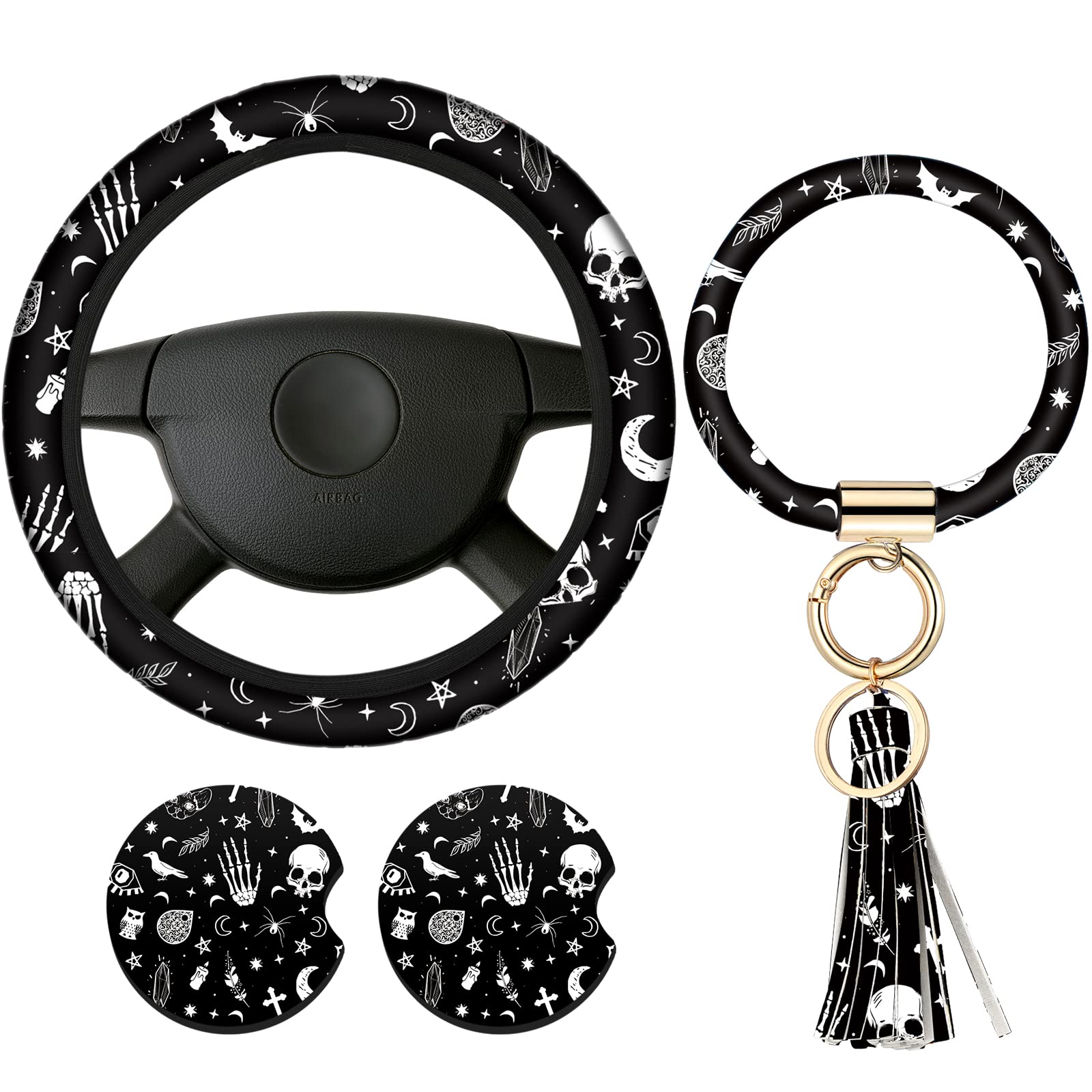 View 1 of 4 Pieces Black Moons White Stars Print Car Accessories Set Black Moons White Stars Steering Wheel Cover with 2 Pieces Car Cup Holder and Leather Keyring for Truck Suv(Horror Pattern)