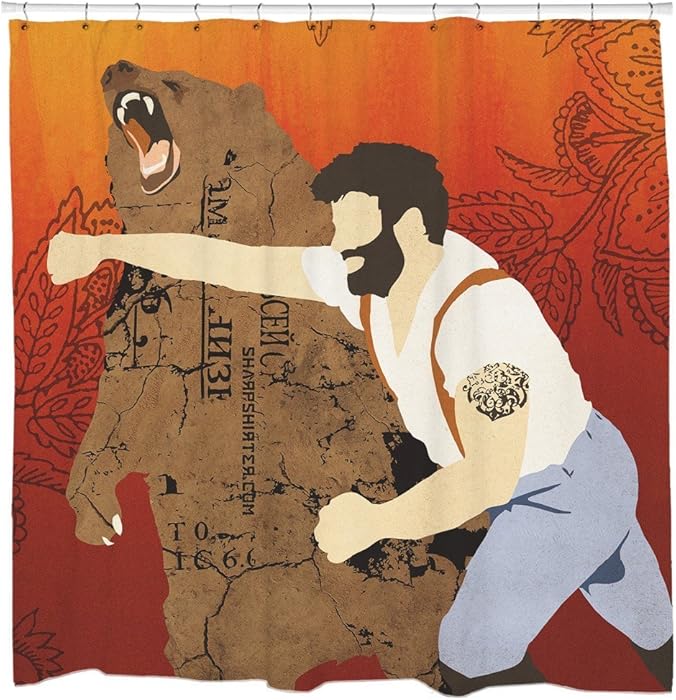 Sharp Shirter Funny Shower Curtain Set Cool Bathroom Decor Man Punching Bear Red Polyester Fabric 71x74 Hooks Included