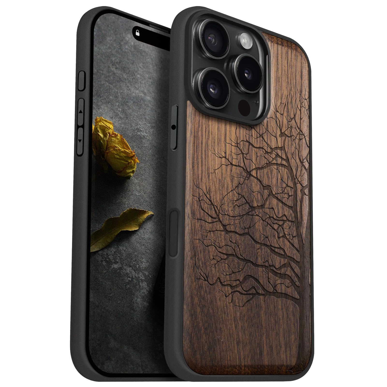 Carveit Magnetic Wood Case for iPhone 16 Pro [Solid Wood & Black Soft TPU] Shockproof Protective Cover Unique Wooden Case Compatible with magsafe (Eternal Tree -Walnut)