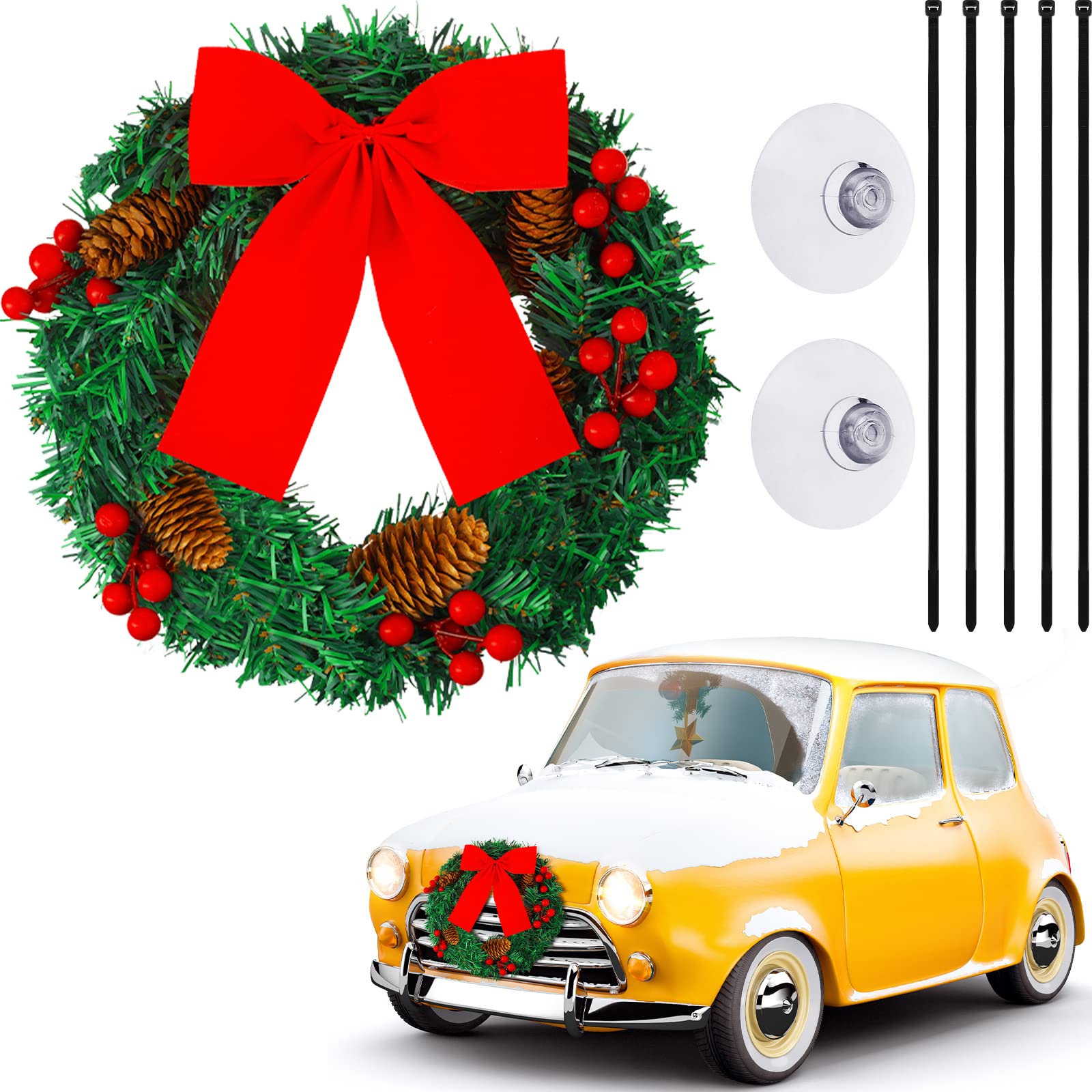 Photo 1 of Dingion Christmas Car Wreath Decoration Large Artificial Truck Wreath with Red Bow Pinecones and Berries Decorative Christmas Car Ornament for Home Party Front Door Winter Xmas Holiday