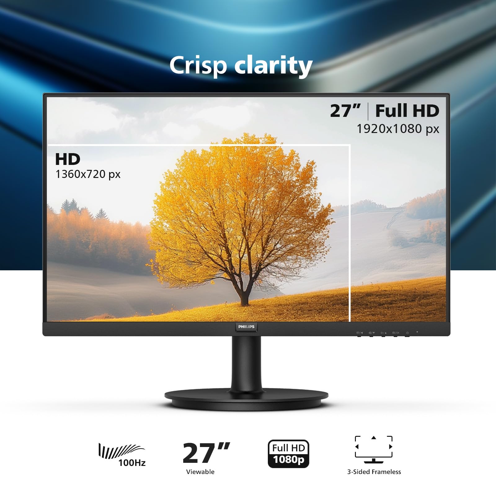 Philips New 27-inch Class Thin Full HD (1920 x 1080) 100Hz Monitor, VESA, HDMI x 1, VGA Port x1, Eye Care, 4 Year Advance Replacement Warranty, 271V8LB, Black