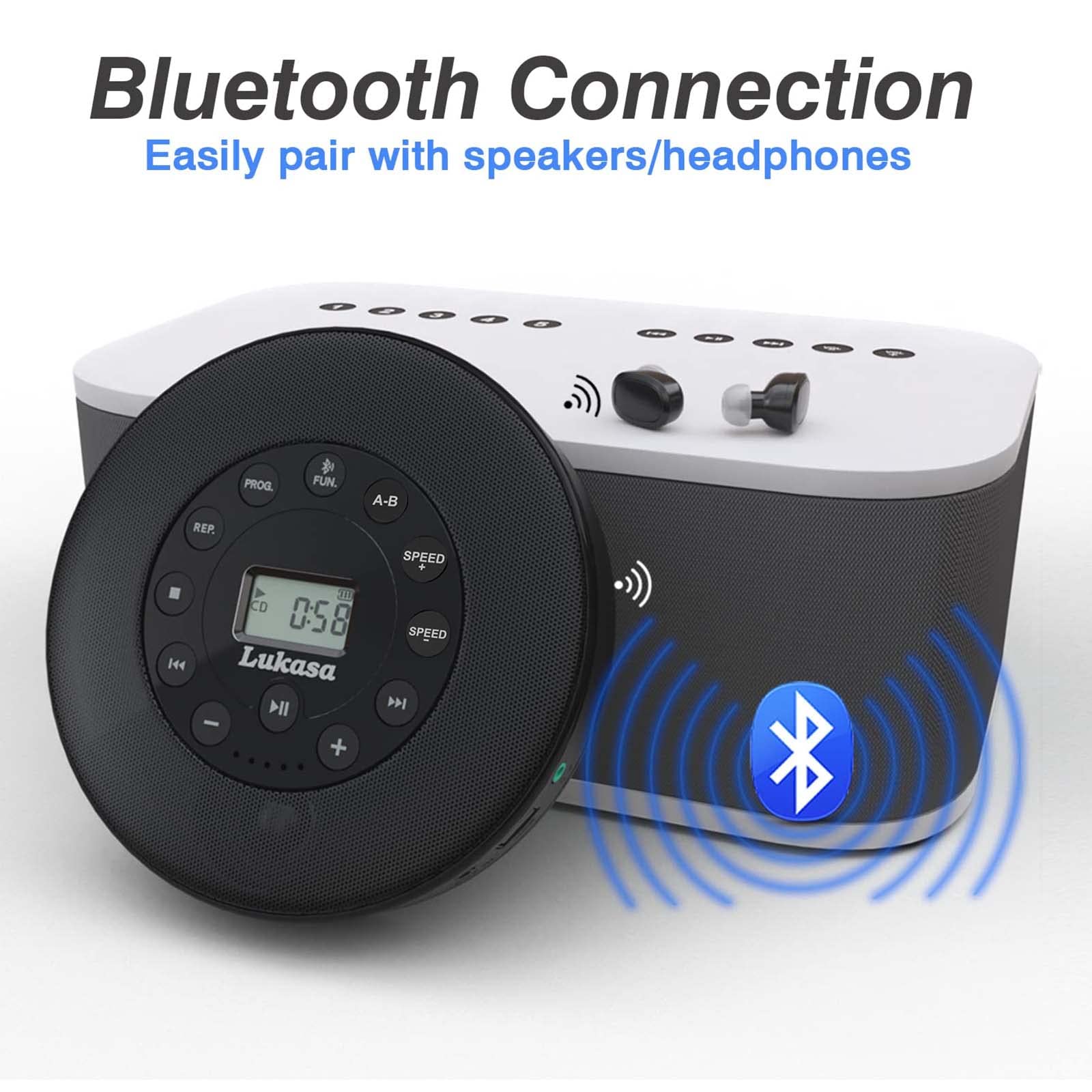 Lukasa Portable Bluetooth CD Player Built-in Speaker Stereo, Personal MP3 Players Rechargeable Compact Car Disc CD Music Player USB Play Anti-Shock Protection (Black)