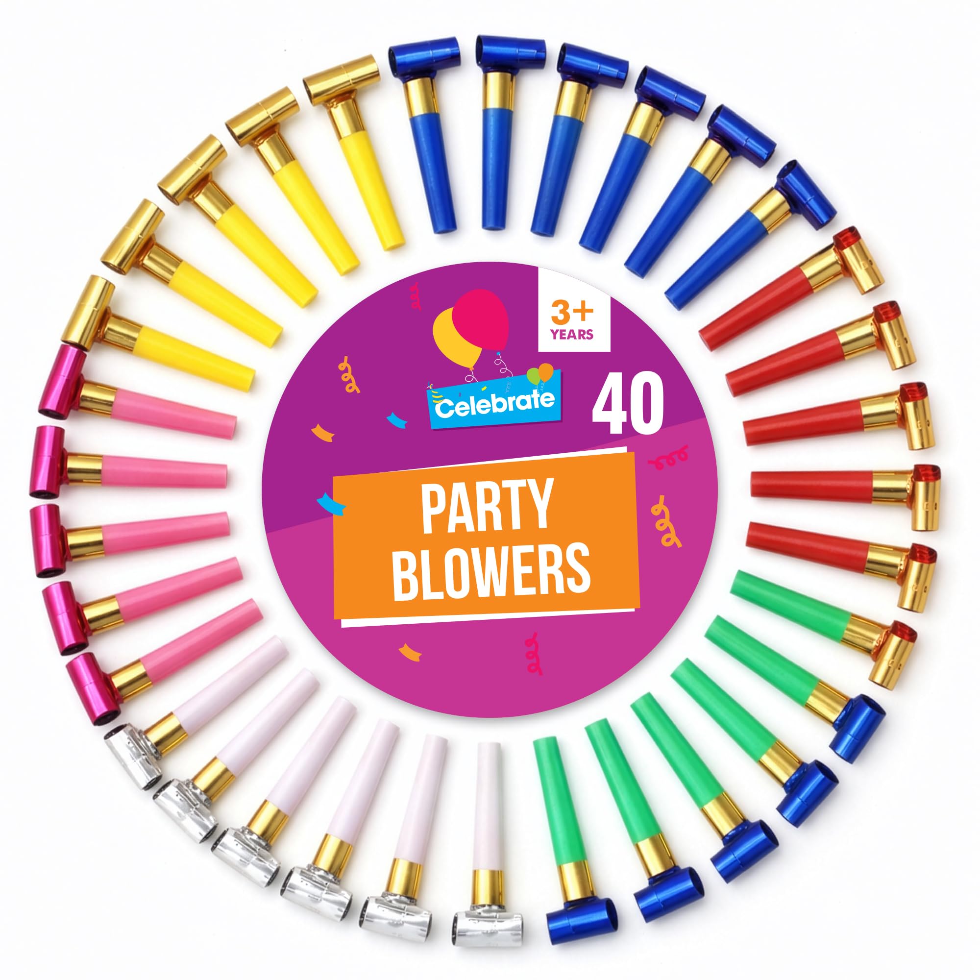 SOL 40pk Party Blowers for Party Bags Fillers for Kids, Assorted Colours Party Blowers, Durable Paper & Plastic Mouthpieces Noise Makers for Birthdays, New Year’s, Weddings, & Kids’ Celebrations