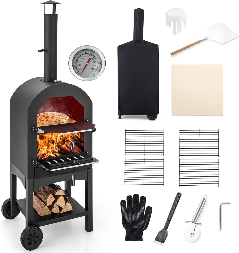 TANGZON Outdoor Pizza Oven Wood Fired with Thermometers and Cover 64x53x162cm
