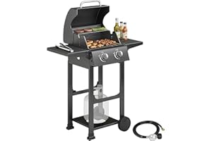Outsunny 2 Burner Propane Gas Grill with Wheels, 18,400 BTU BBQ Grill, Portable Natural Gas BBQ with Foldable Side Shelves, B