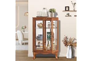 Firscook Curio Cabinet With Lighted Tall Leg Glass Door, Antique Display With Mirrored Back Panel, Vintage Accent Corner China for Living Room (Dark Oak)