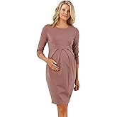 LaClef Women's Knee Length Midi Maternity Dress with Front Pleat - 3/4 Sleeve
