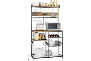 HOMEKOKO Kitchen Bakers Rack with Power Outlets and Movable Hooks, 3-Tier Microwave Stand with Storage for Utensils, Industrial Kitchen Storage Shelves with Wine Rack and Basket (Rustic Brown)