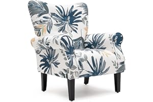 MELLCOM Mid Century Wingback Arm Chair,Modern Upholstered Fabric High Back Accent Chair with Wood Legs,Upholstered Single Sofa Club Chair for Living Room, Bedroom, Home Office, Blue Leaves