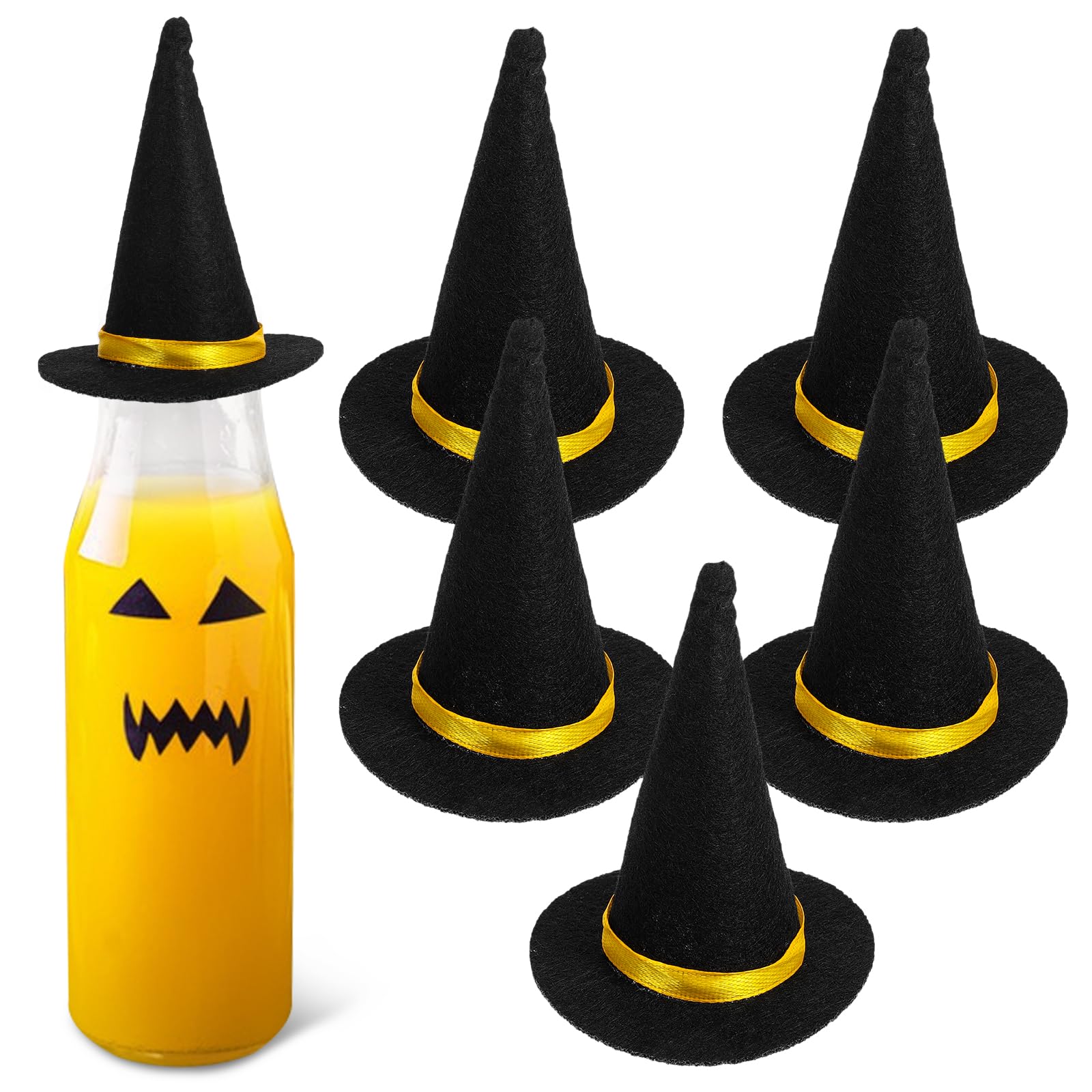 Amosfun 6Pcs Mini Felt Witch Hats for Halloween Diy Crafts Hair Accessories Wine Bottle Decor Black