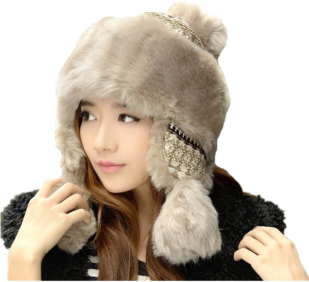 BaiRunJiaYu Women Winter Knitted Hat Faux Fur Ear Flaps with Warm Lined