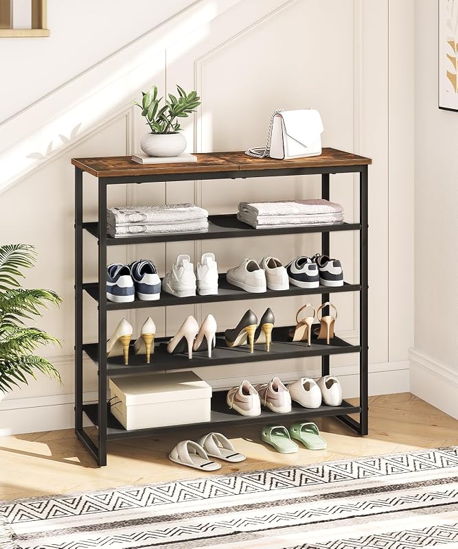 Suporte para sapatos, prateleira de 5 níveis, 4 compartimentos de tecido Oxford e placa superior, para 16-20 pares de sapatos, para entrada, aparador, castanho rústico EBF50XJ01
