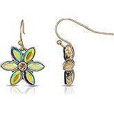 Peacock Plumage Blue Iridescent AB Glass Flower Drop Earrings, 1928 Jewelry Earrings for Women - Blue Aurora Borealis Stone and Topaz Glass Accent, Replica Antique Jewelry for Women