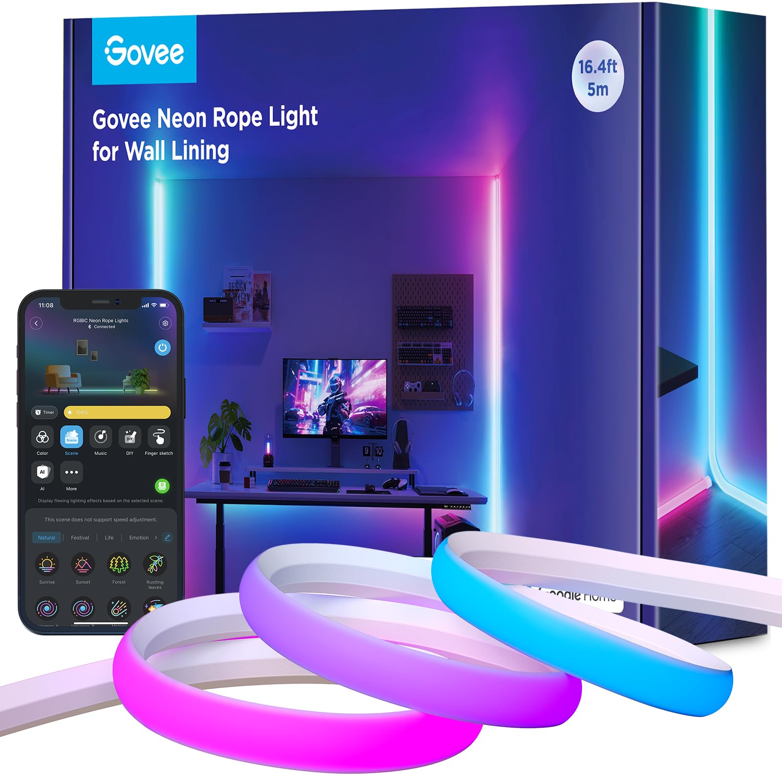 Govee Neon Rope Light for Wall Lining, LED Rope Lights Work with Matter, Google Assistant, Alexa, 16.4ft RGBIC Strip Lights with Smart App Control and Music Sync for Living Room, Bedroom, Wall Corners