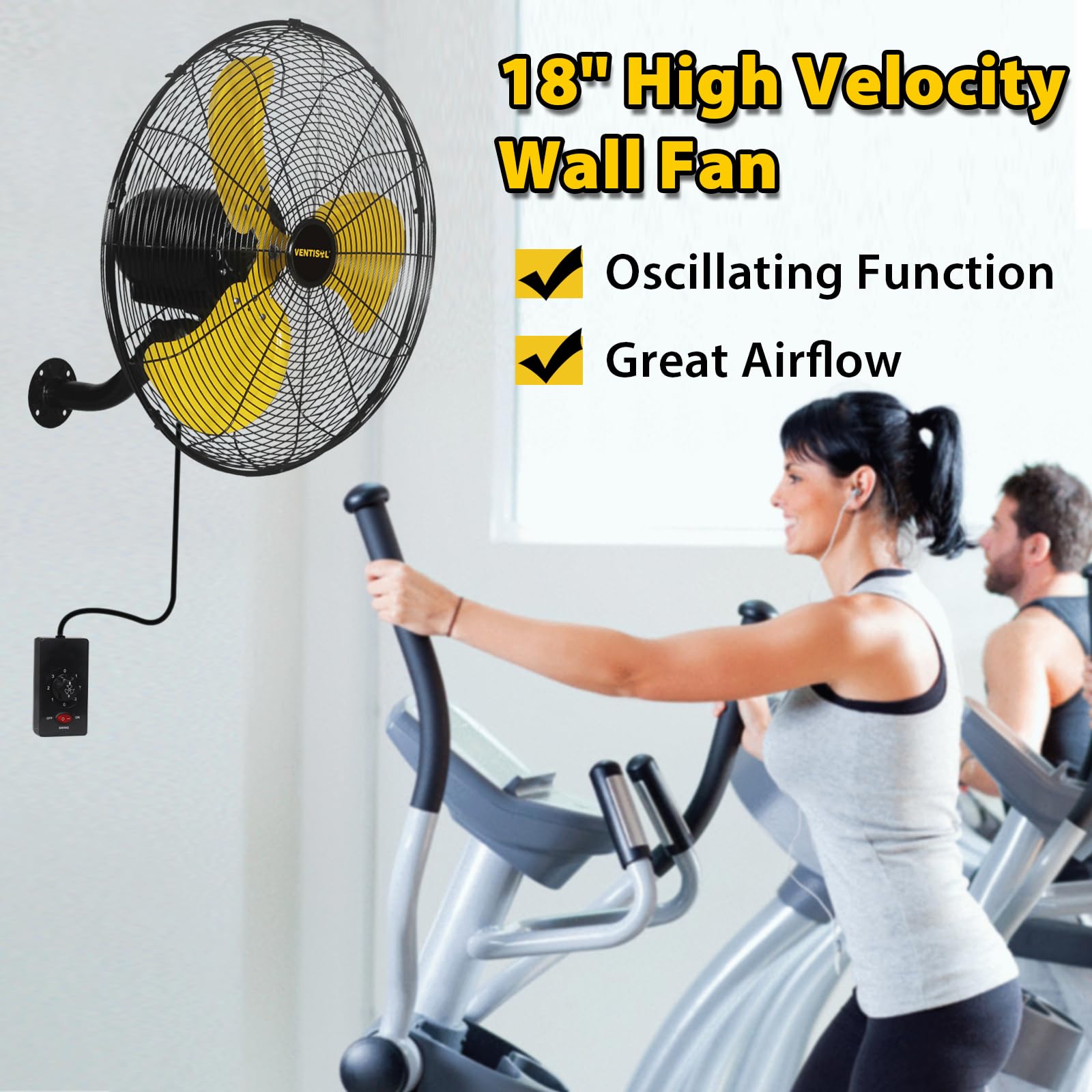 VENTISOL 18 Inch 3-Speed High Velocity Oscillating Wall Fan, 4,200 CFM, 90-Degree Oscillation for Household, Workshops, Shops, Commercial, Patios