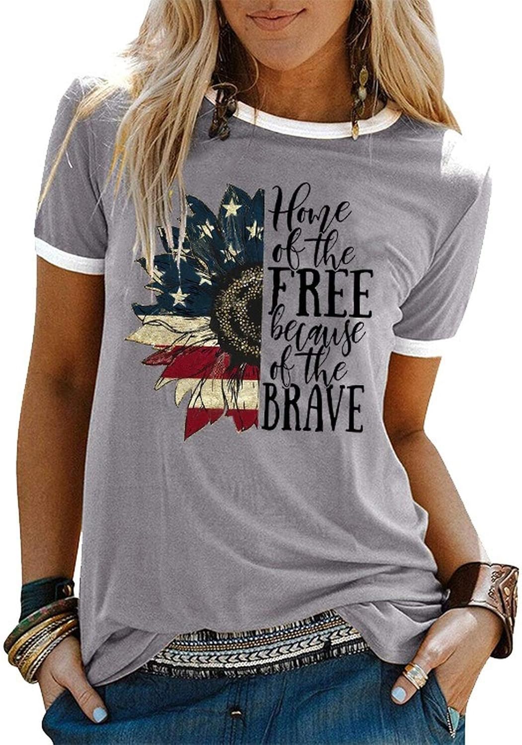 YourTops Women Home of The Free Because of The Brave T-Shirt American Flag Shirt