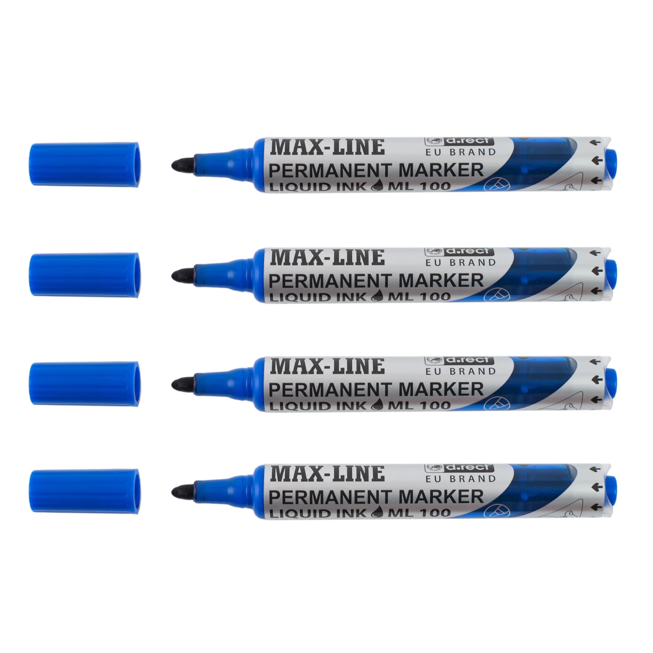 D.RECT Blue Permanent Marker Round Tip, featuring Pump Mechanism - Robust Permanent Marker with Piston, Pack of 4