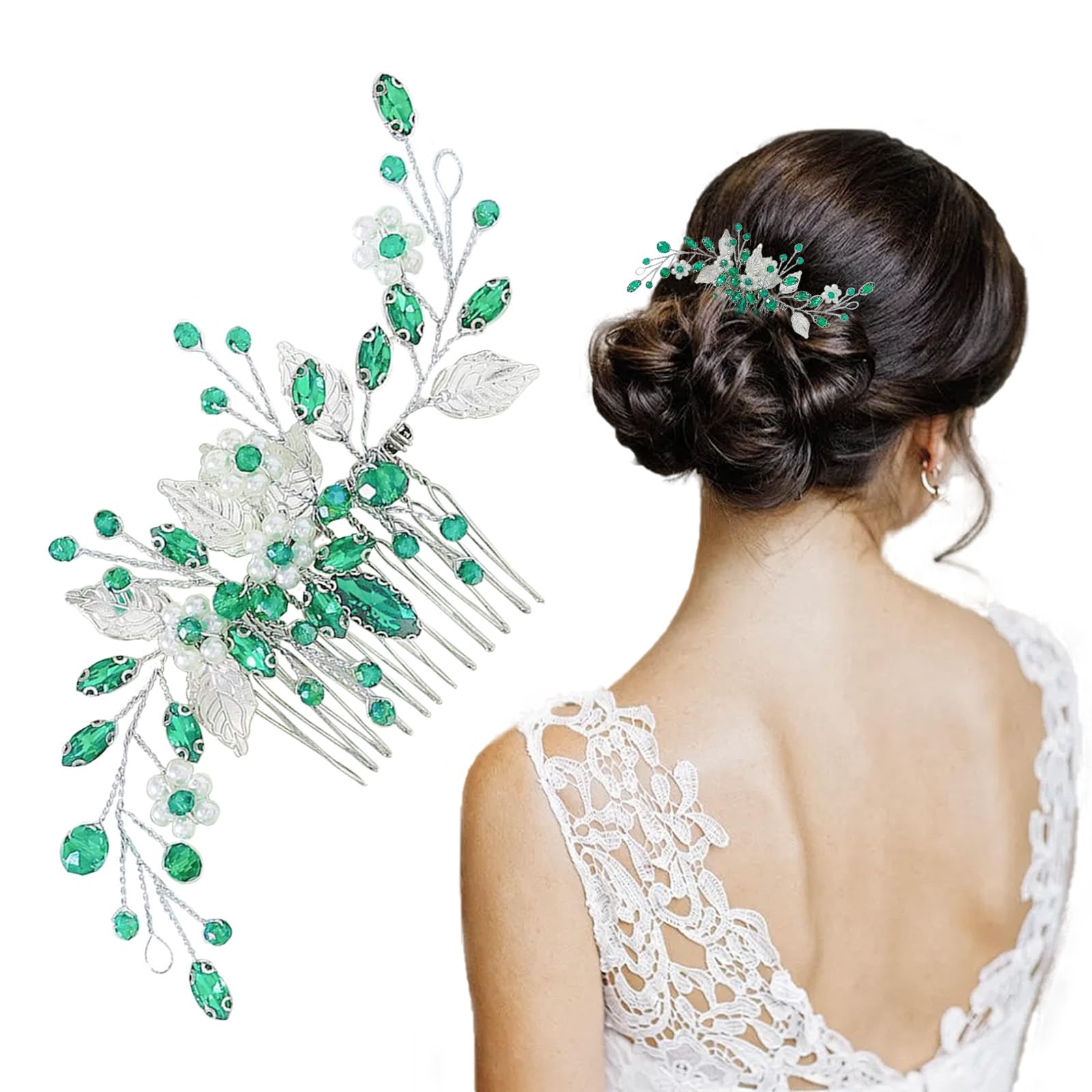 1 PCS Bridal Green Crystal Hair Comb Silver Leaves Green Emerald Wedding Hairpin Pearl Rhinestone Handmade Vintage Hair Pieces Flower Headpiece Prom Bride Hair Accessories for Women Girls （6.7In）