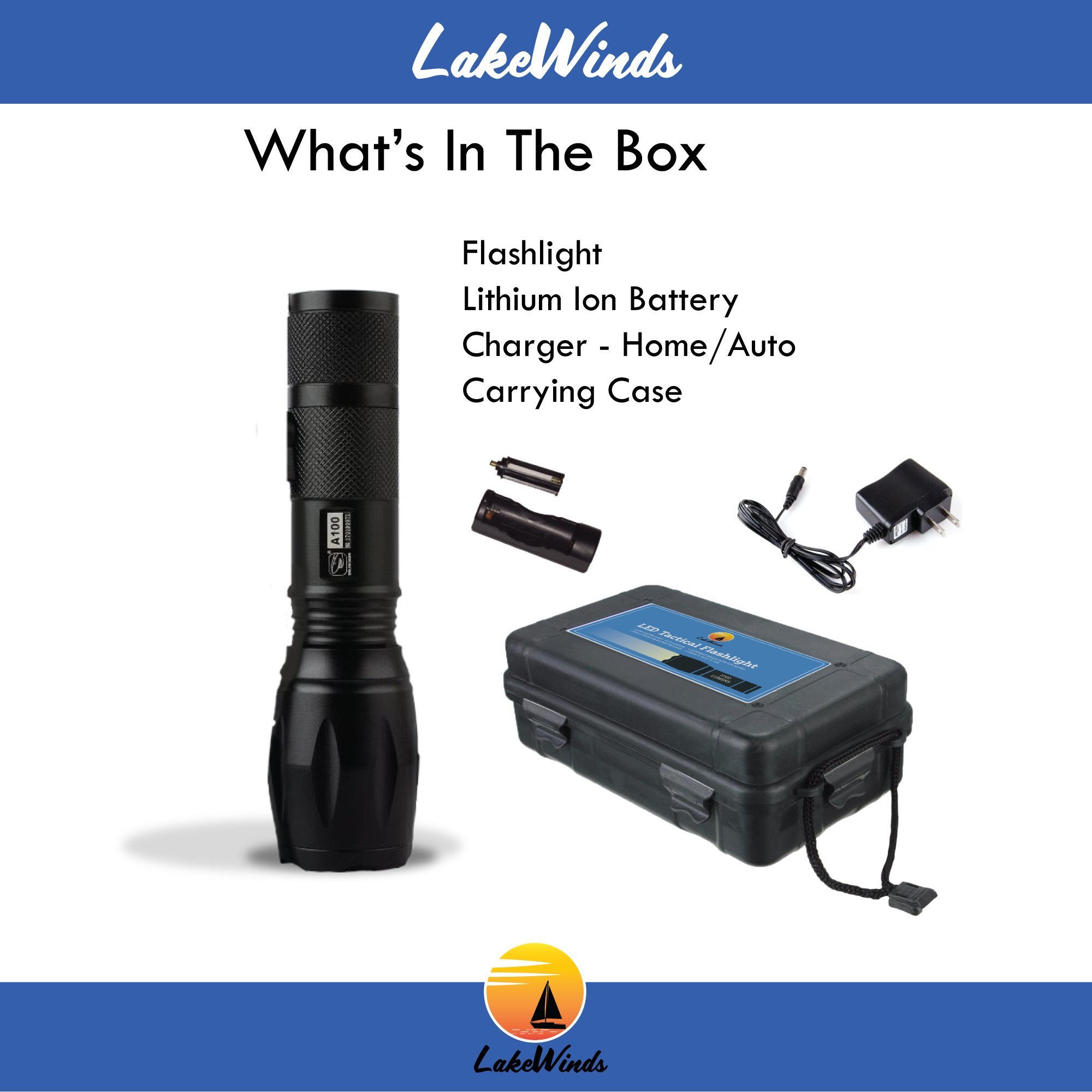 Lakewinds 1000 Lumen LED - High Powered Rechargeable Adjustable Tactical Flashlight - Five Focus Modes - Shock Resistant - Water Resistant - 600 Foot Light Range