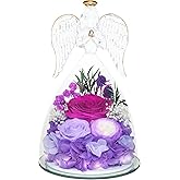 Preserved Flowers Forever Rose in Glass Valentines Day Gifts Angel Figurine Eternal Fresh Flower with 3 Pcs Real Rose Mother's Day Christmas Anniversary Birthday for Her Mom Grandma Friends Purple