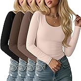 Ficerd 4 Pack Women's Scoop Neck Tops Long Sleeve Slim Fit T-Shirts Stretchy Tight Casual Plain Layering Shirts Tees