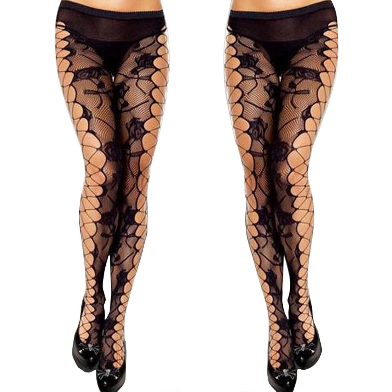 CHIC DIARY Women Sexy Charming Floral Pattern Stretchy Fishnet Pantyhose Halloween Party (Total length:85CM(33.5\'\'), 01-Rose)