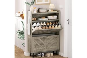 EOYUTLLY Shoe Cabinet Storage for Entryway, Narrow Shoe Rack Cabinet with 2 Flip Drawers, Freestanding Hidden Shoe Rack Storage Organizer (Without Light, Grey)